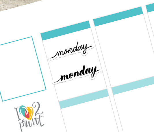 Week Days Handlettered Stickers - Printable Monday to Sunday Words - PDF & Cut Files