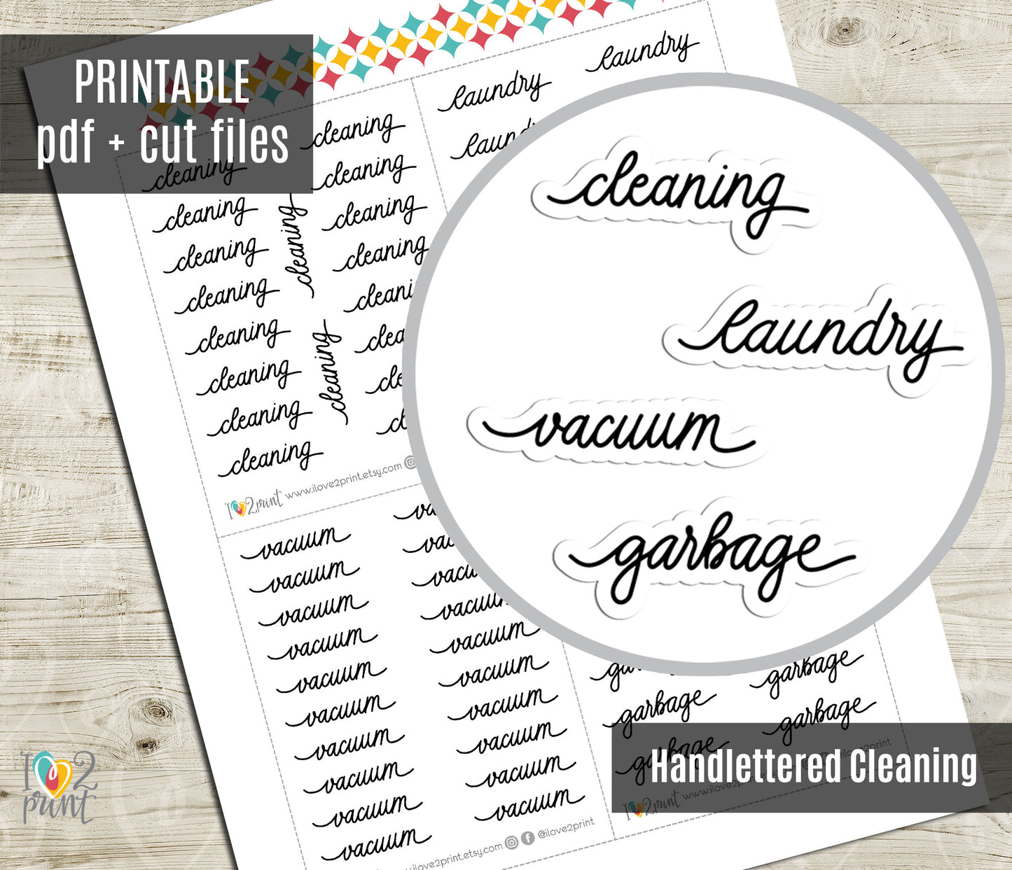 Cleaning Handlettered Stickers - Printable Vaccumn, Laundry, Garbage Words - PDF & Cut Files