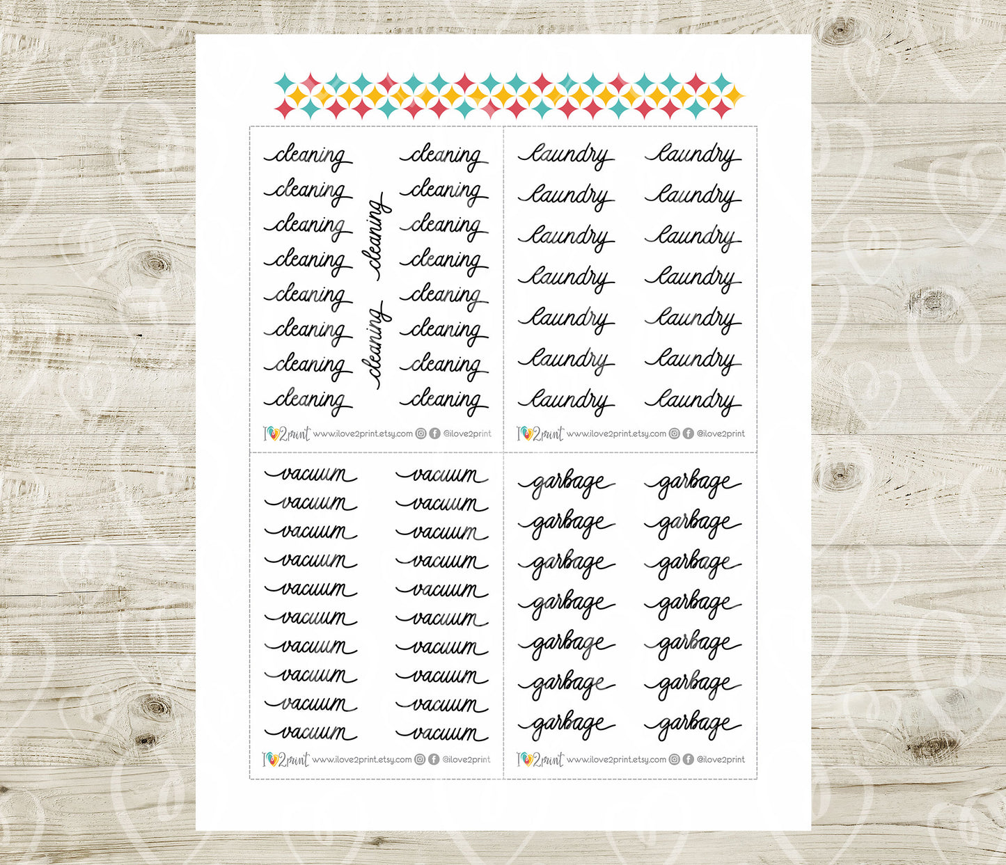 Cleaning Handlettered Stickers - Printable Vaccumn, Laundry, Garbage Words - PDF & Cut Files