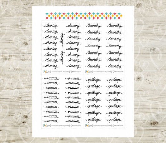 Cleaning Handlettered Stickers - Printable Vaccumn, Laundry, Garbage Words - PDF & Cut Files
