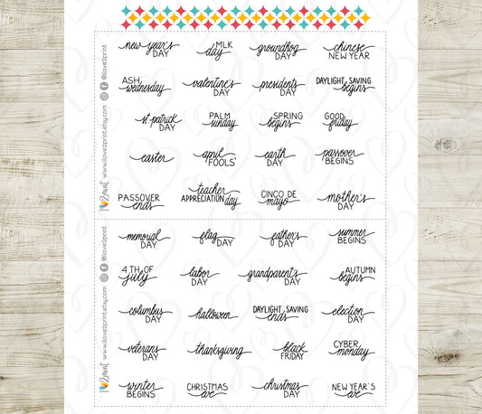 40 Holidays Handlettered Stickers - Printable Celebration Words - PDF & Cut Files