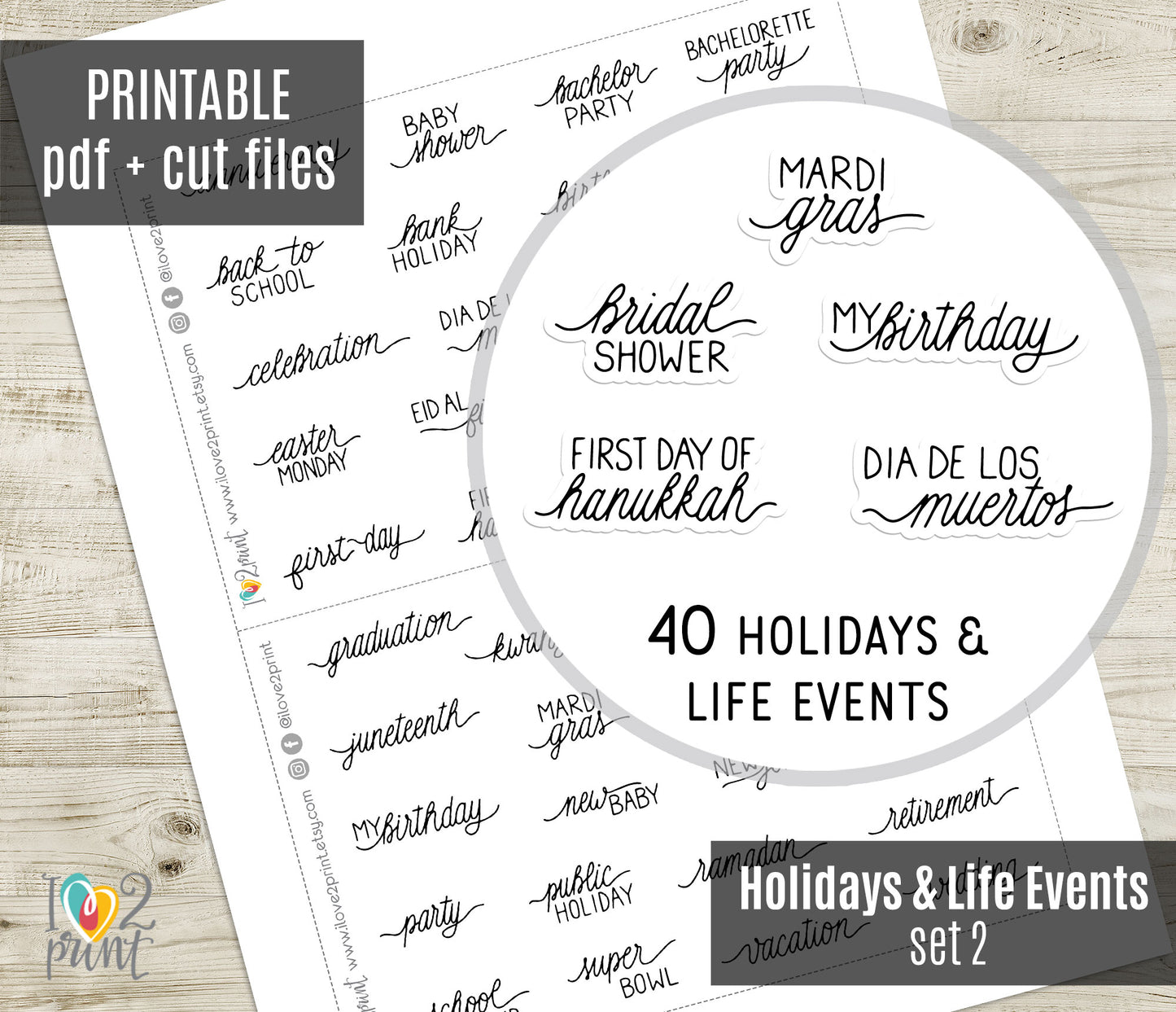 40 Holidays and Life Events Handlettered Stickers Set 2 - Printable Words - PDF & Cut Files