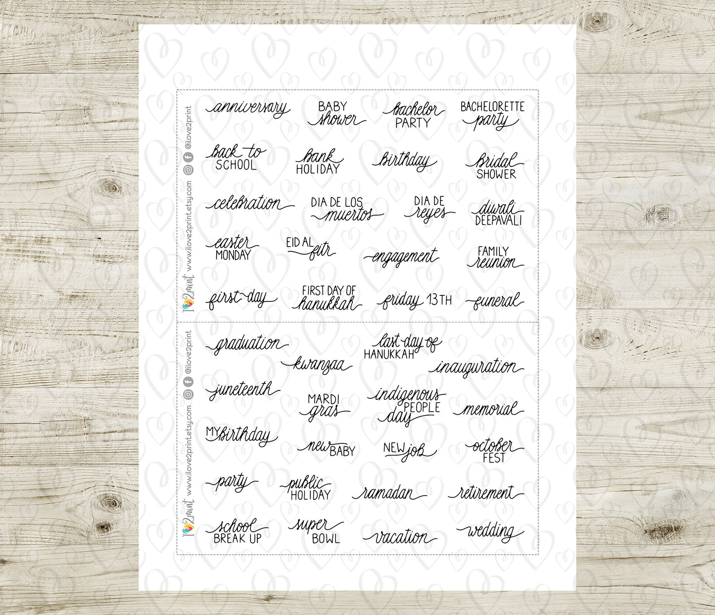 40 Holidays and Life Events Handlettered Stickers Set 2 - Printable Words - PDF & Cut Files