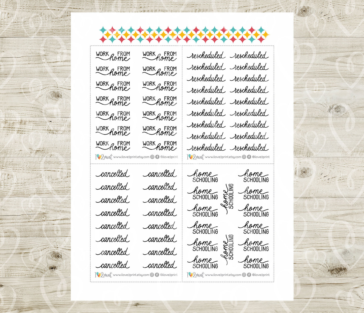 Cancelled Handlettered Stickers - Printable "Work from Home" "Rescheduled" "Home Schooling" Words - PDF & Cut Files