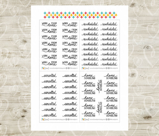 Cancelled Handlettered Stickers - Printable "Work from Home" "Rescheduled" "Home Schooling" Words - PDF & Cut Files