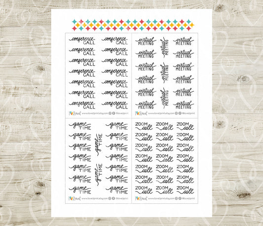 Online Time Handlettered Stickers - Printable Conference & Zoom Call, Virtual Meeting and Game Time Words - PDF & Cut Files