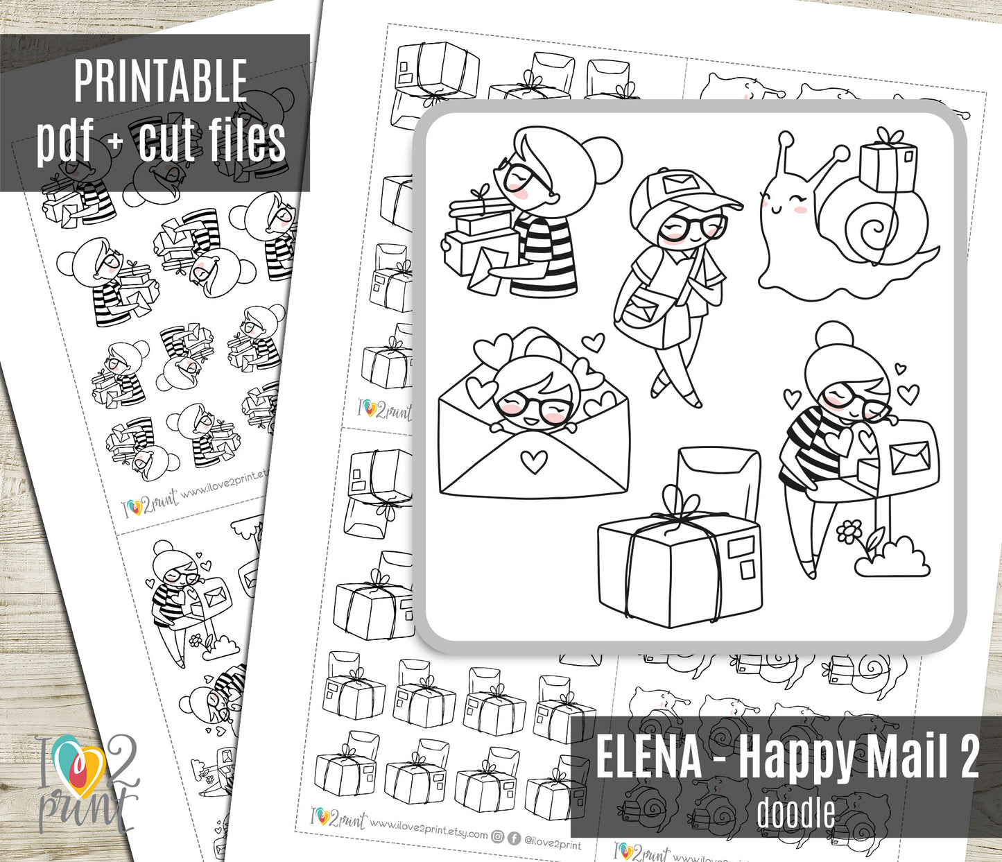Elena Happy Mail II - DOODLE Printable Planner Sticker - PDF & Cut Files