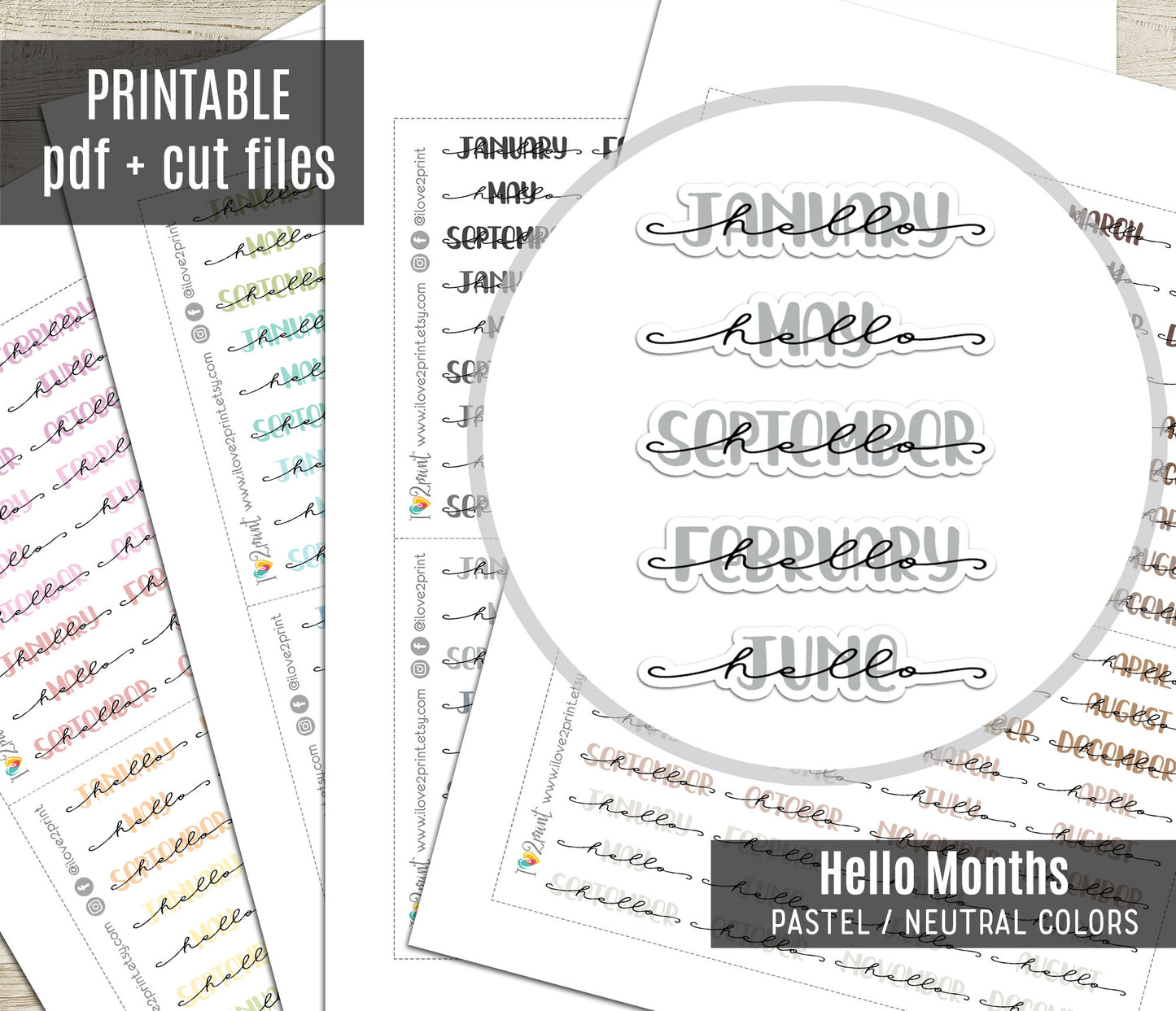 Hello Months PASTEL Handlettered Stickers - Printable Month Banner - PDF & Cut Files