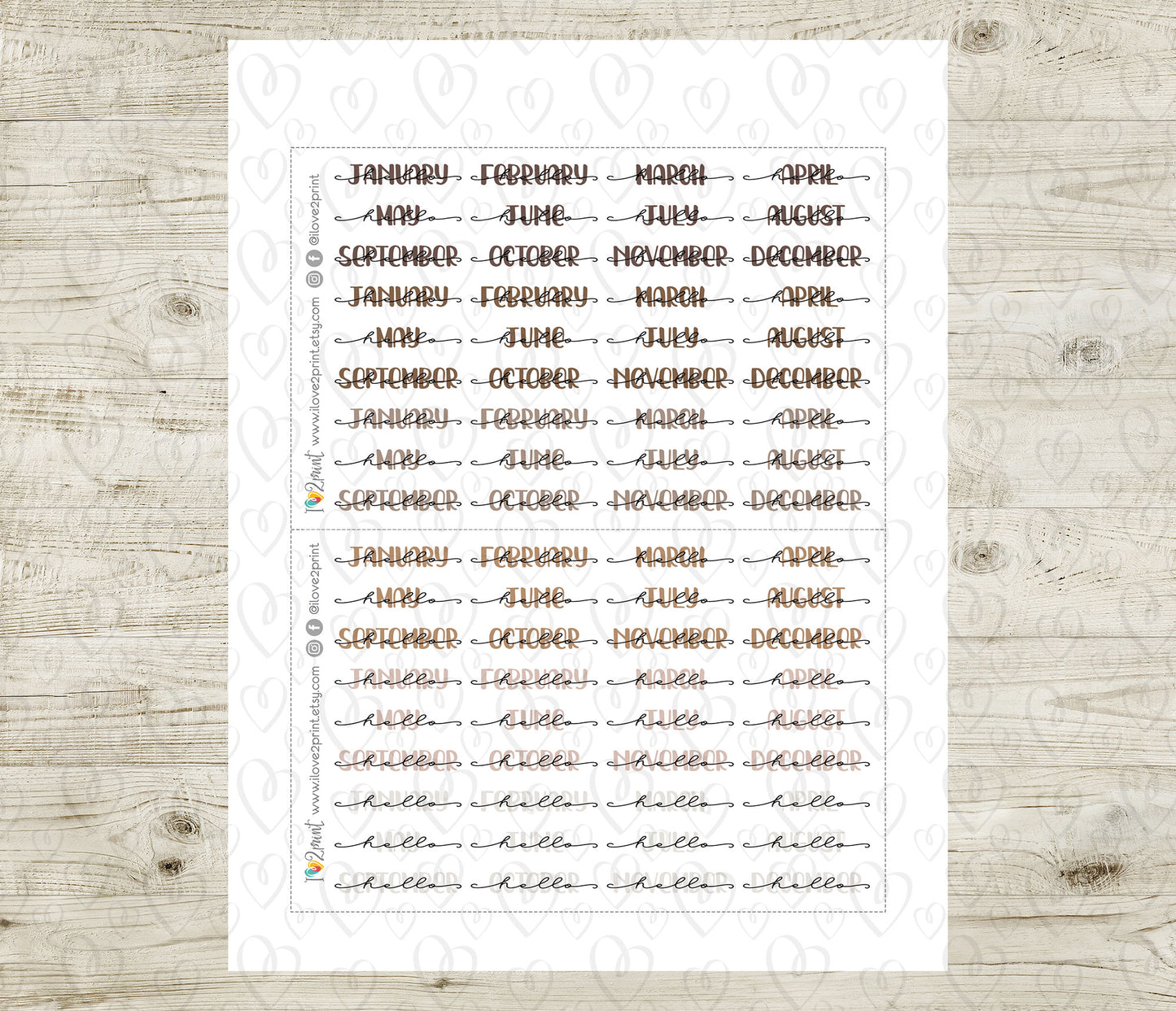 Hello Months PASTEL Handlettered Stickers - Printable Month Banner - PDF & Cut Files
