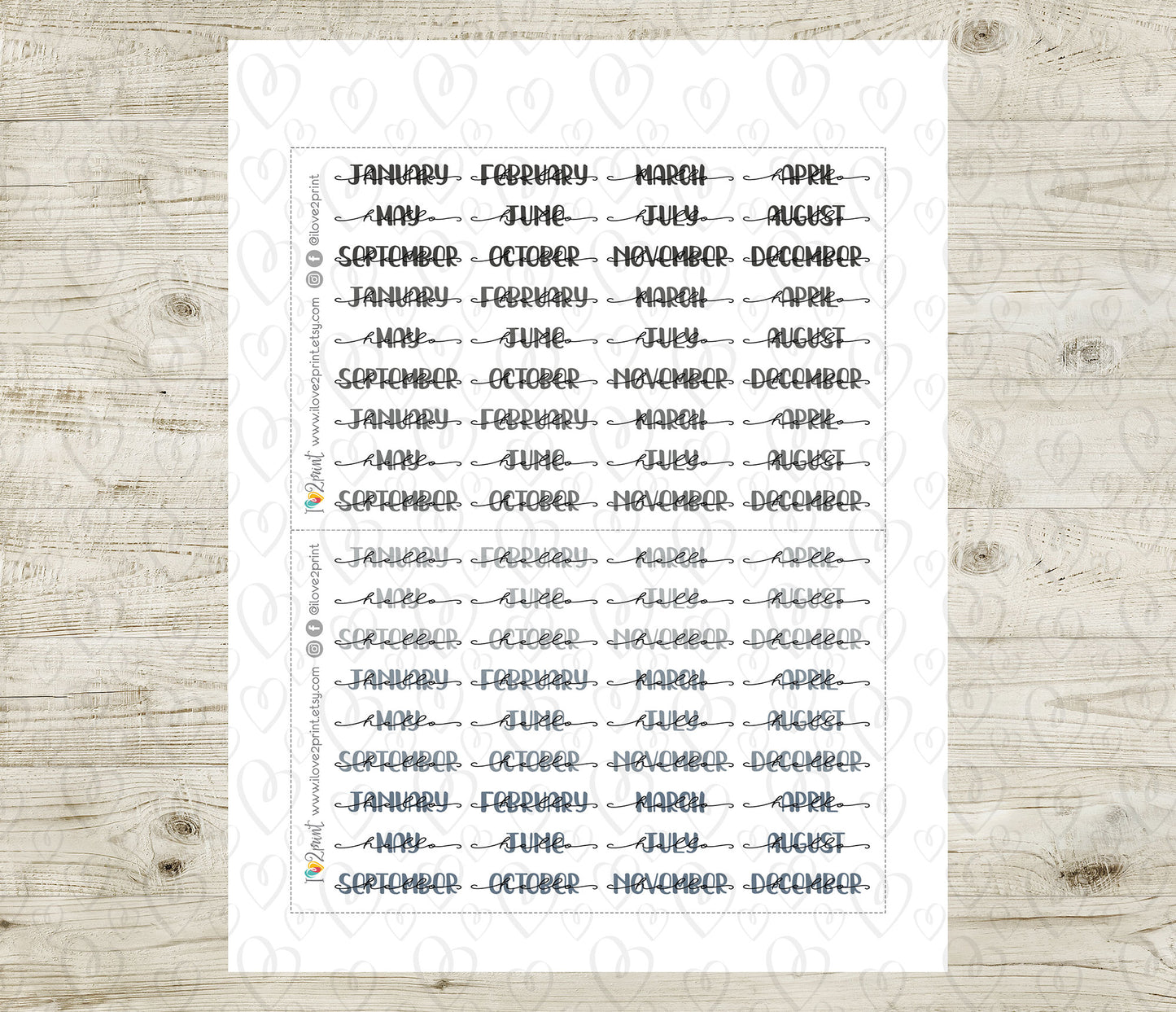 Hello Months PASTEL Handlettered Stickers - Printable Month Banner - PDF & Cut Files