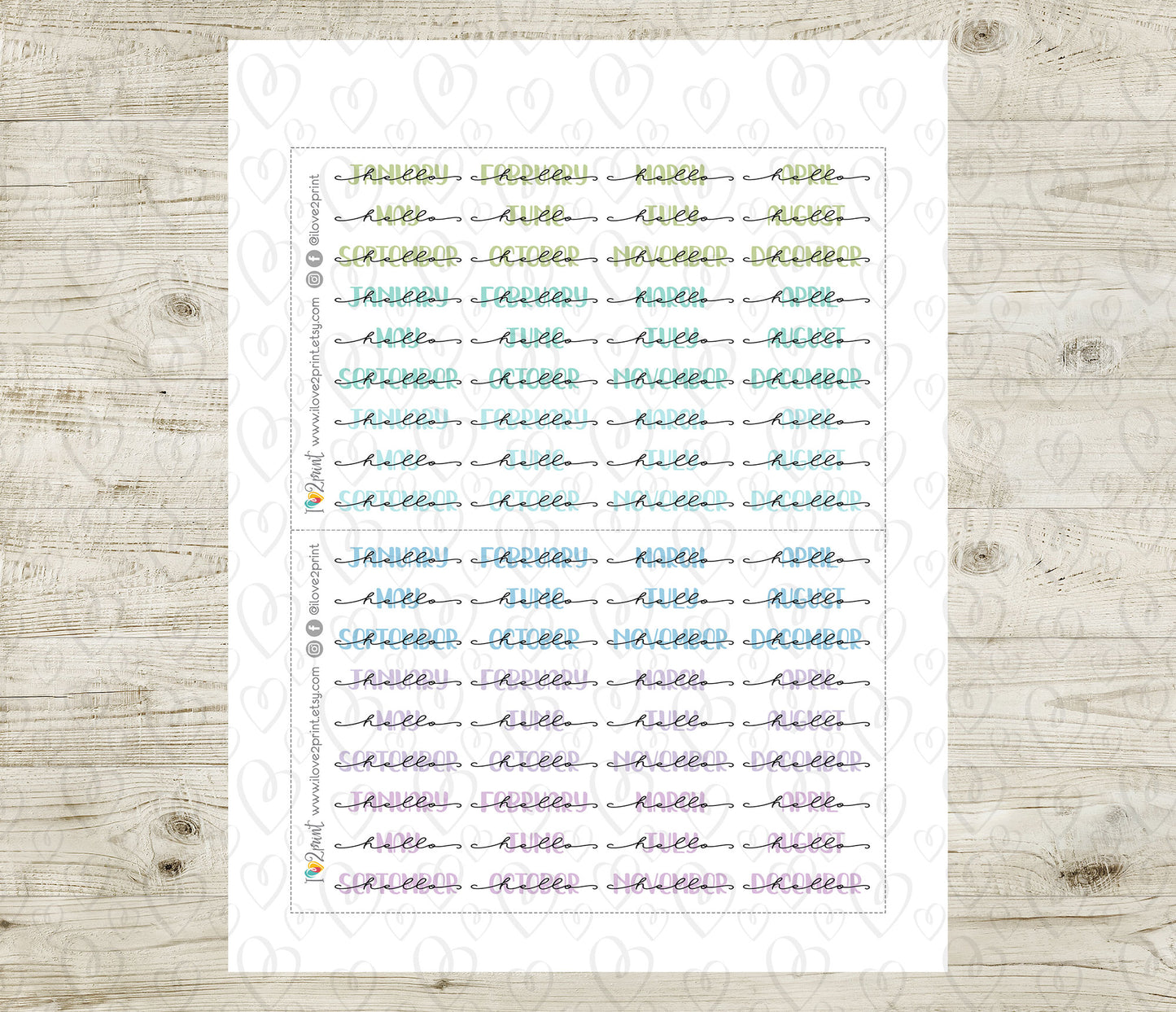 Hello Months PASTEL Handlettered Stickers - Printable Month Banner - PDF & Cut Files