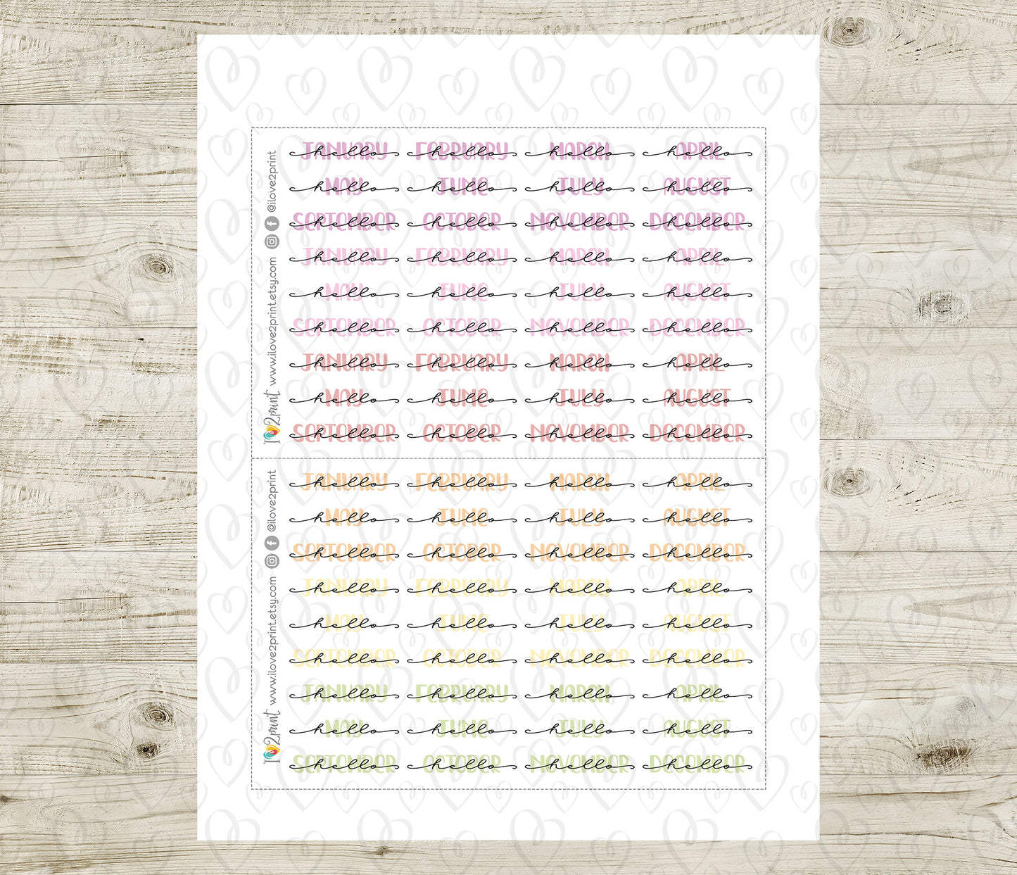 Hello Months PASTEL Handlettered Stickers - Printable Month Banner - PDF & Cut Files