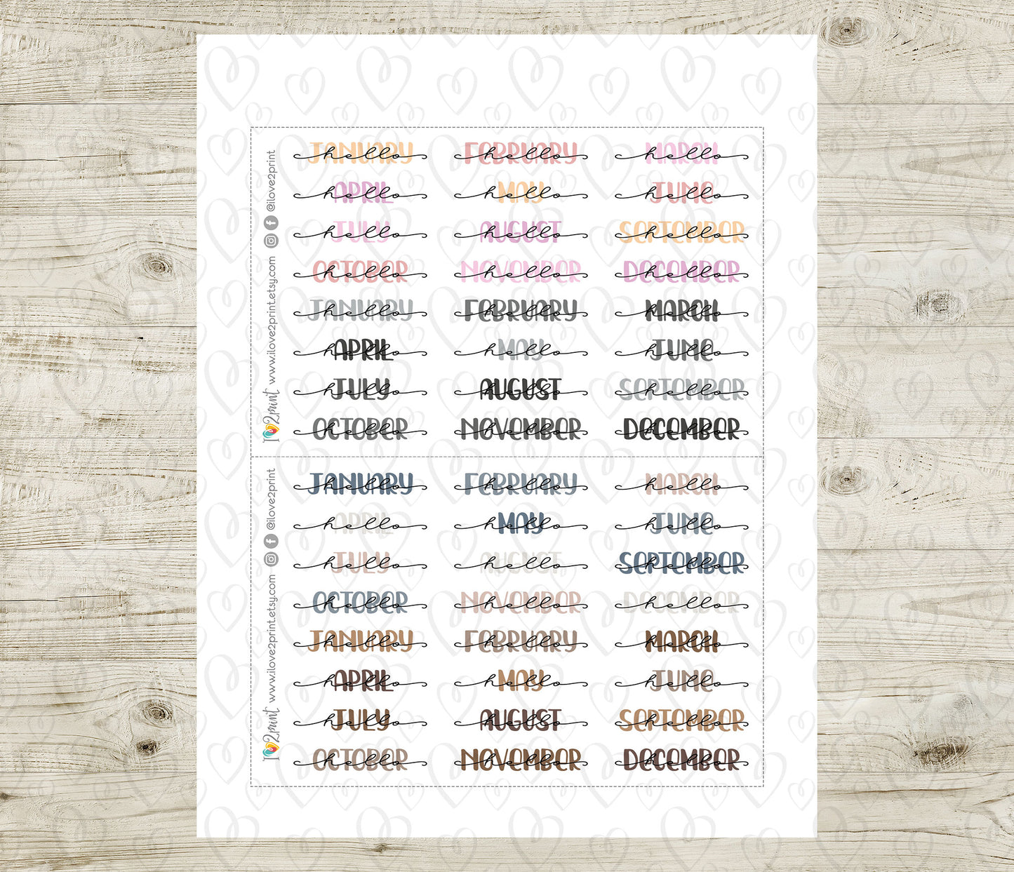 Mixed Hello Months Handlettered Stickers - Printable Month Banner - PDF & Cut Files