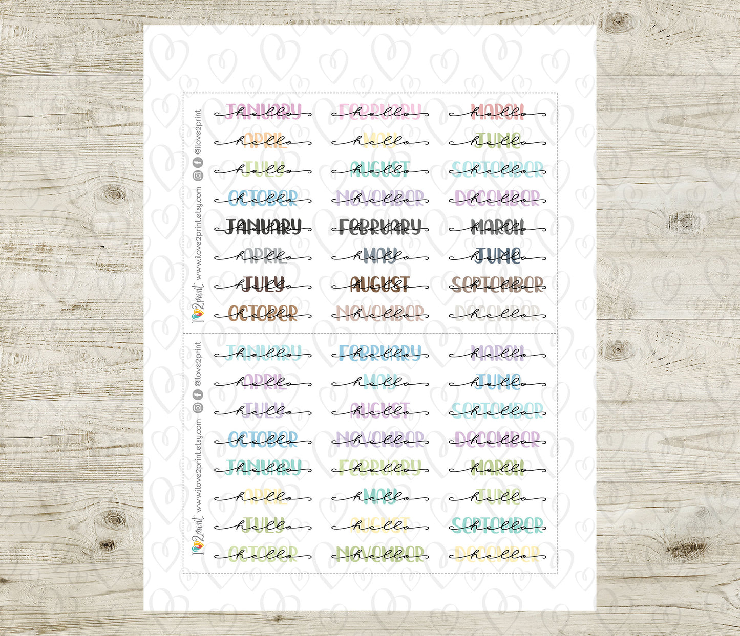 Mixed Hello Months Handlettered Stickers - Printable Month Banner - PDF & Cut Files