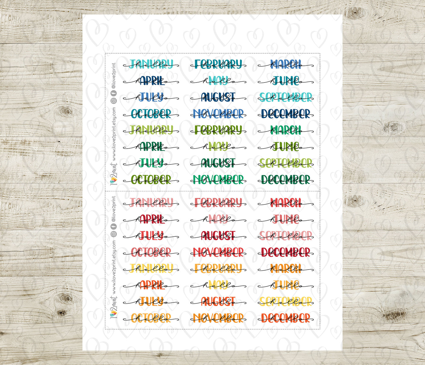 Mixed Hello Months Handlettered Stickers - Printable Month Banner - PDF & Cut Files