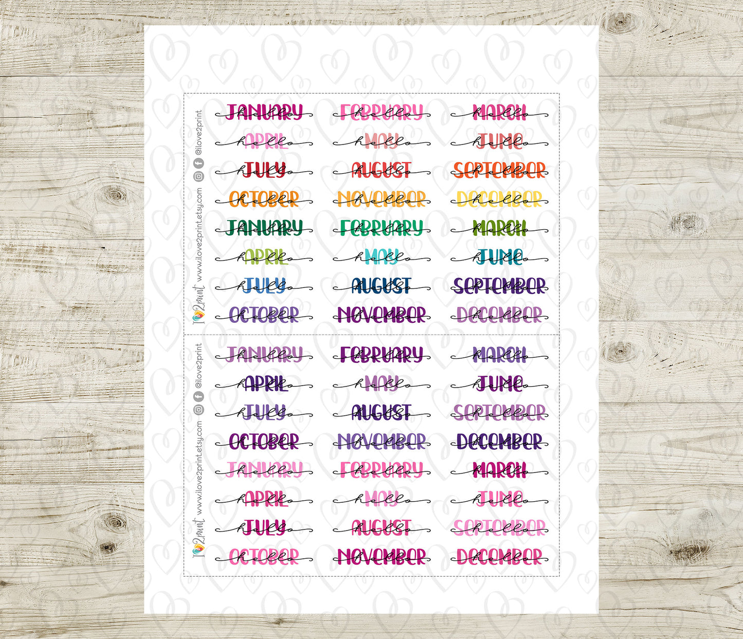 Mixed Hello Months Handlettered Stickers - Printable Month Banner - PDF & Cut Files