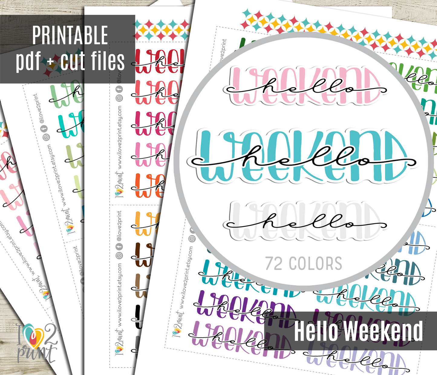 Hello Weekend Handlettered Stickers - Printable Weekend Banner Words - PDF & Cut Files