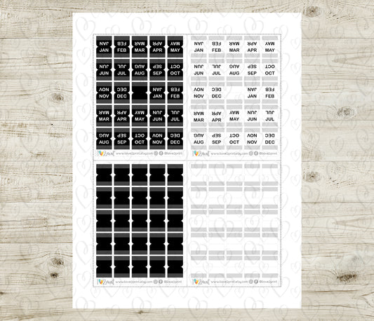 Hobonichi Month Index Tabs - Black and White Printable Planner Stickers - PDF & Cut Files