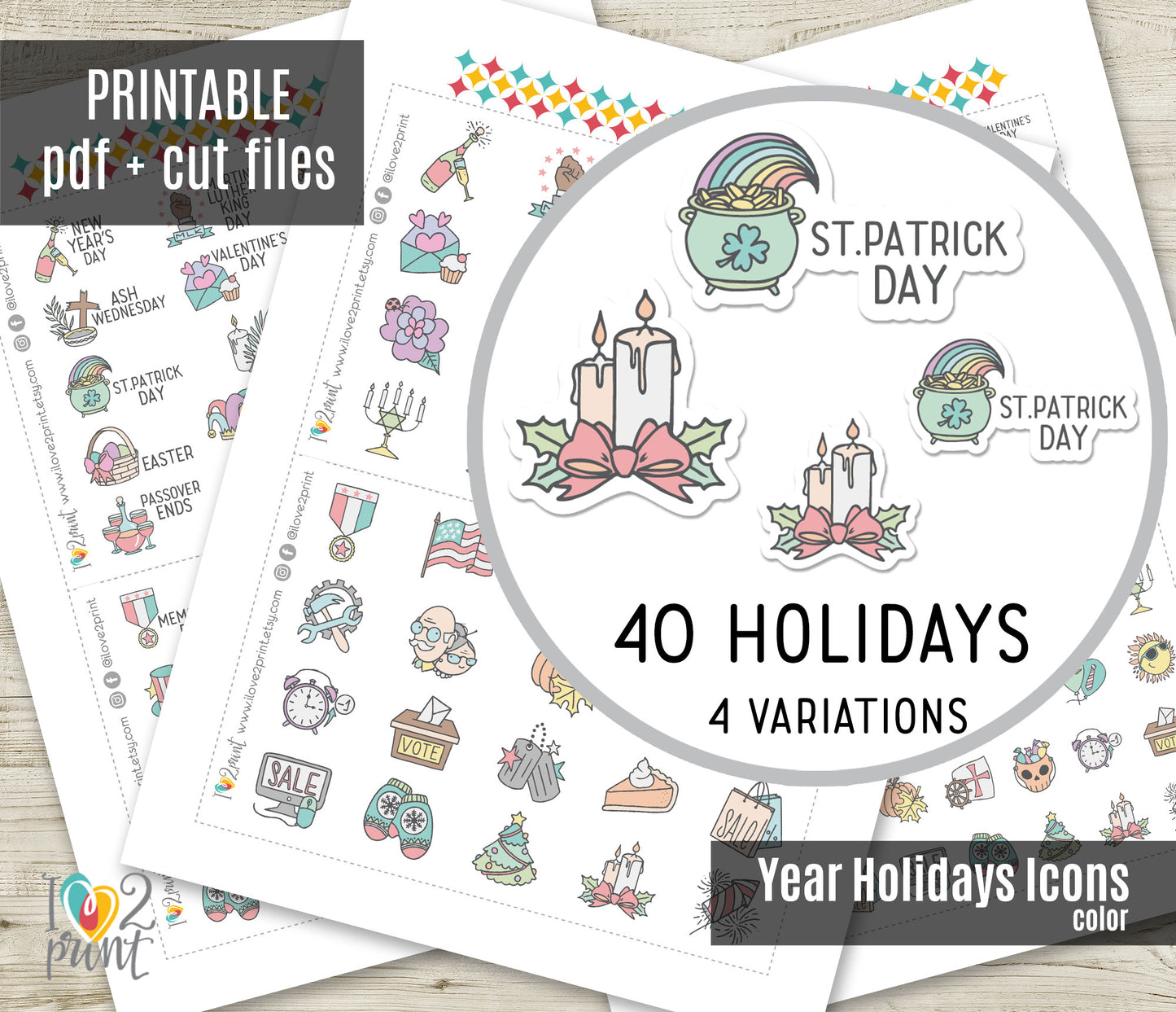 40 US Holidays Holidays Stickers – COLOR Printable Planner Icons - PDF & Cut Files