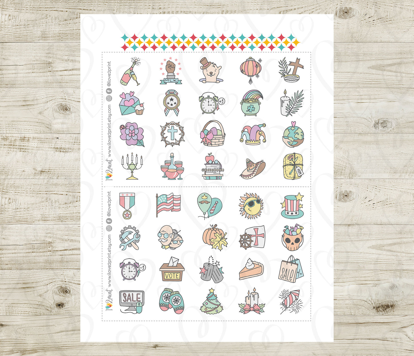 40 US Holidays Holidays Stickers – COLOR Printable Planner Icons - PDF & Cut Files