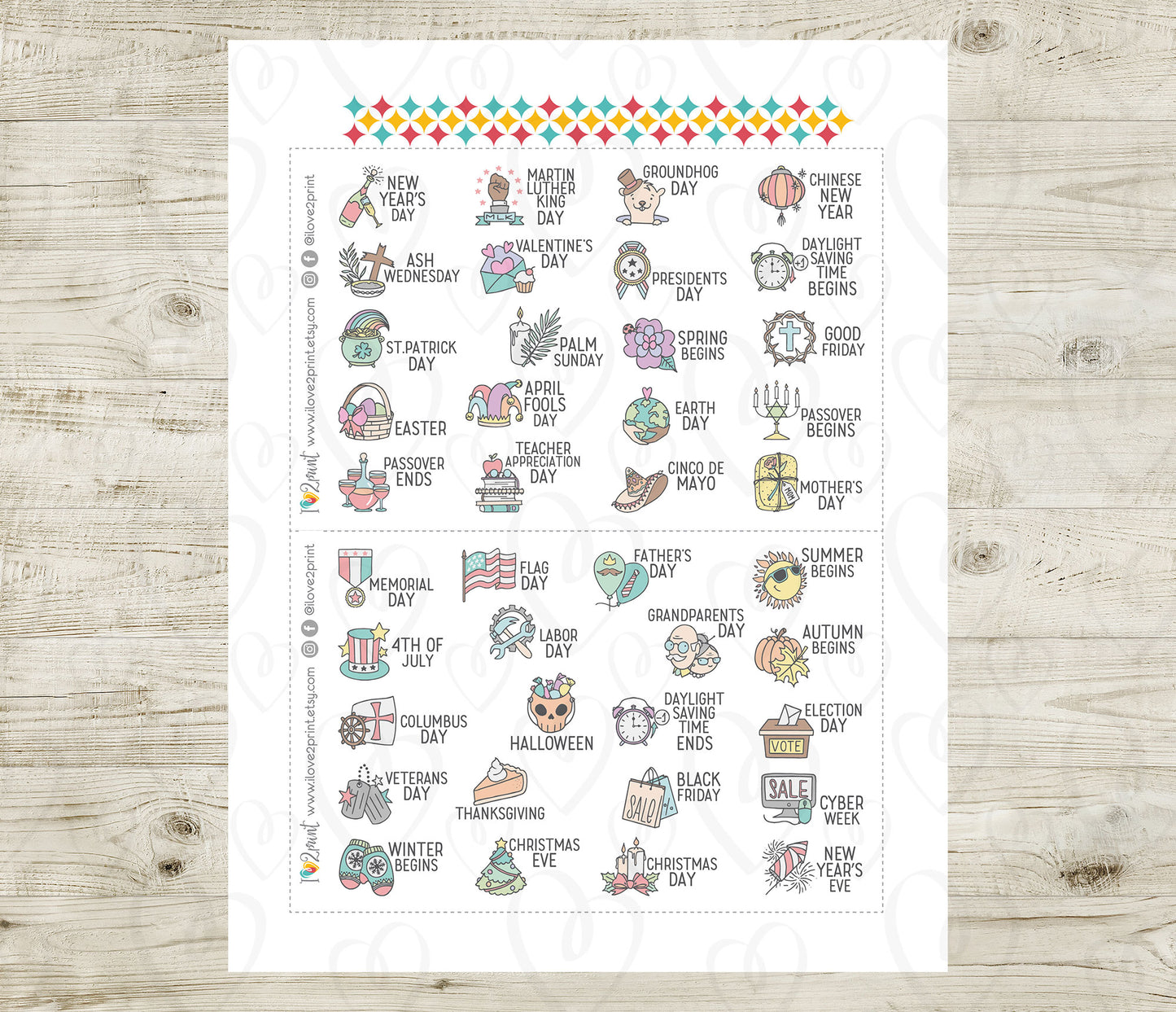 40 US Holidays Holidays Stickers – COLOR Printable Planner Icons - PDF & Cut Files