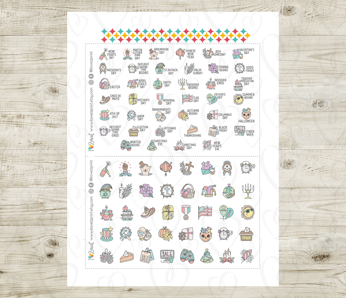 40 US Holidays Holidays Stickers – COLOR Printable Planner Icons - PDF & Cut Files