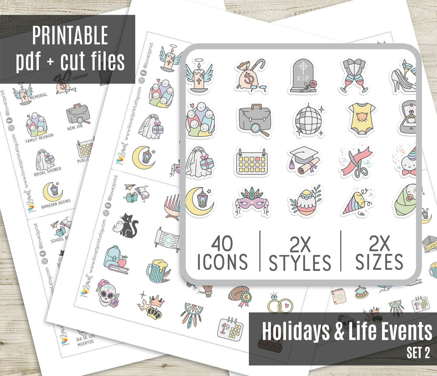60 Holidays and Life Events Stickers – COLOR Printable Planner Icons - PDF & Cut Files