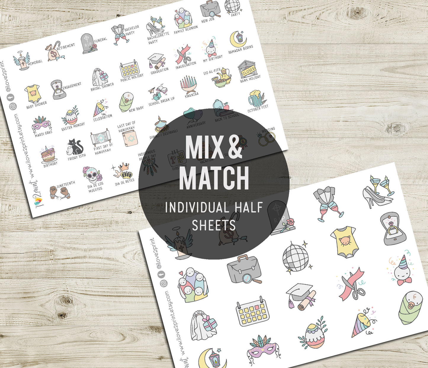 60 Holidays and Life Events Stickers – COLOR Printable Planner Icons - PDF & Cut Files