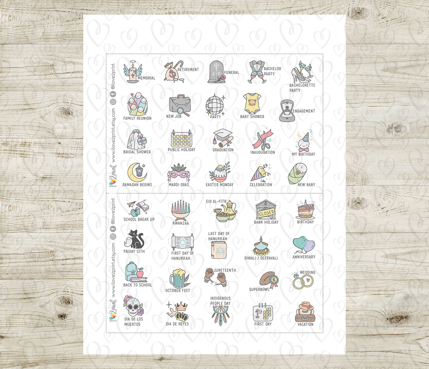 60 Holidays and Life Events Stickers – COLOR Printable Planner Icons - PDF & Cut Files