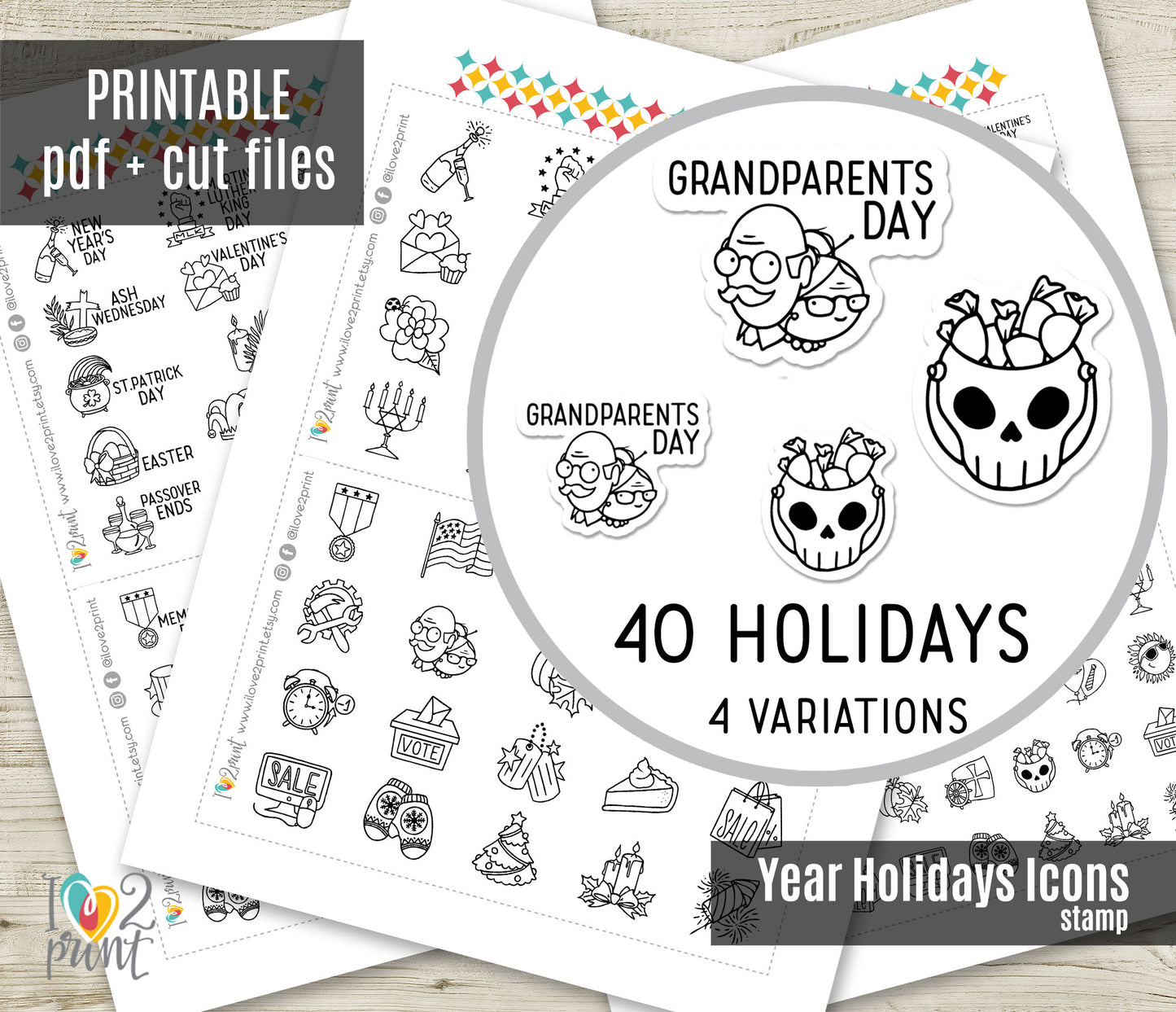 40 US Holidays Holidays Stickers – STAMP Printable Planner Icons - PDF & Cut Files