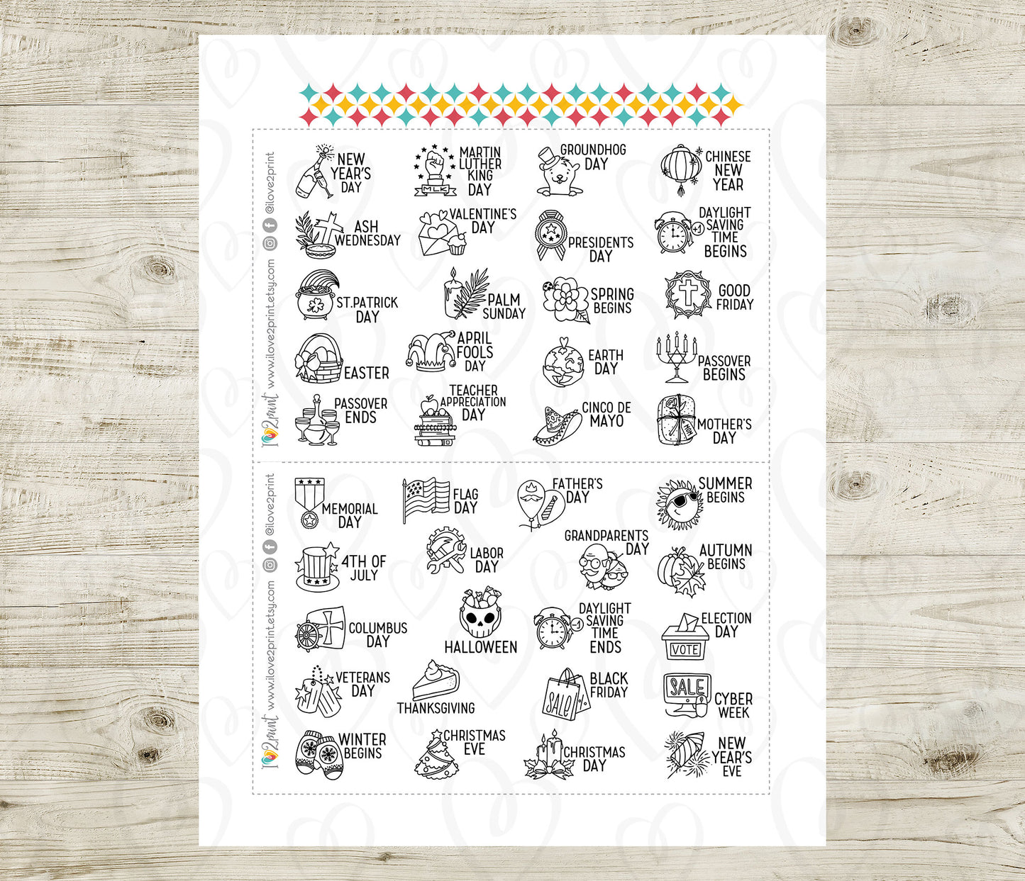 40 US Holidays Holidays Stickers – STAMP Printable Planner Icons - PDF & Cut Files