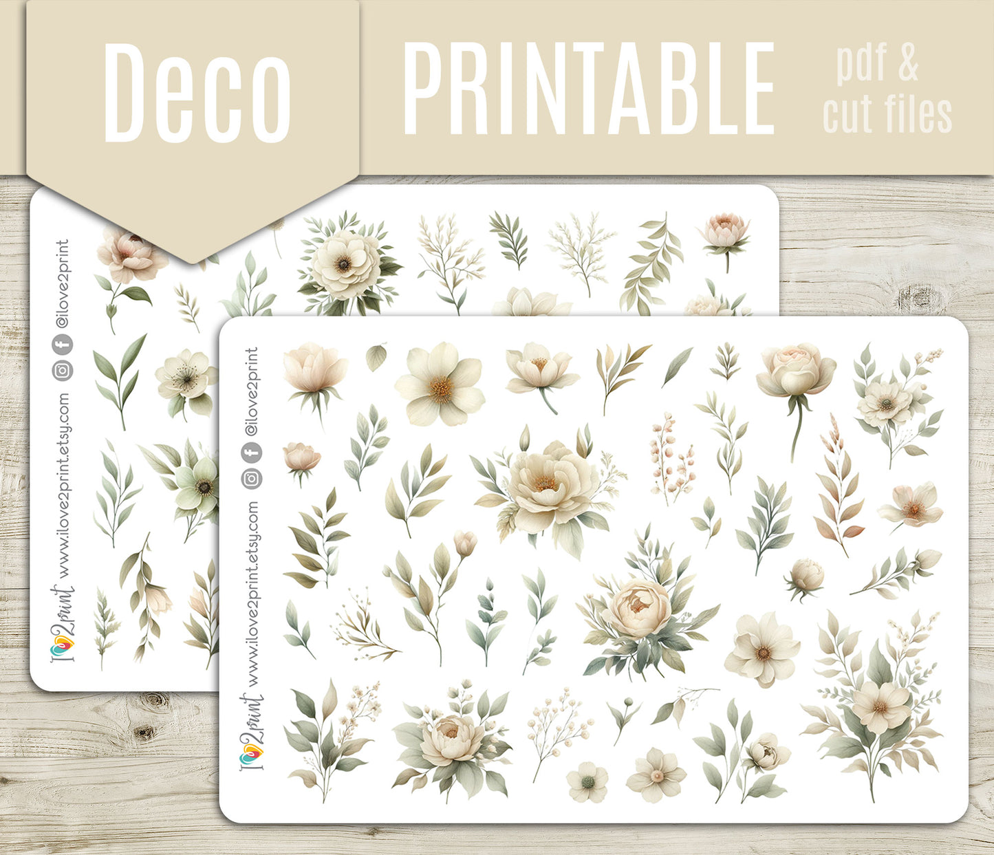 Ivory Flowers Decorative Stickers - Printable PDF & Cut Files