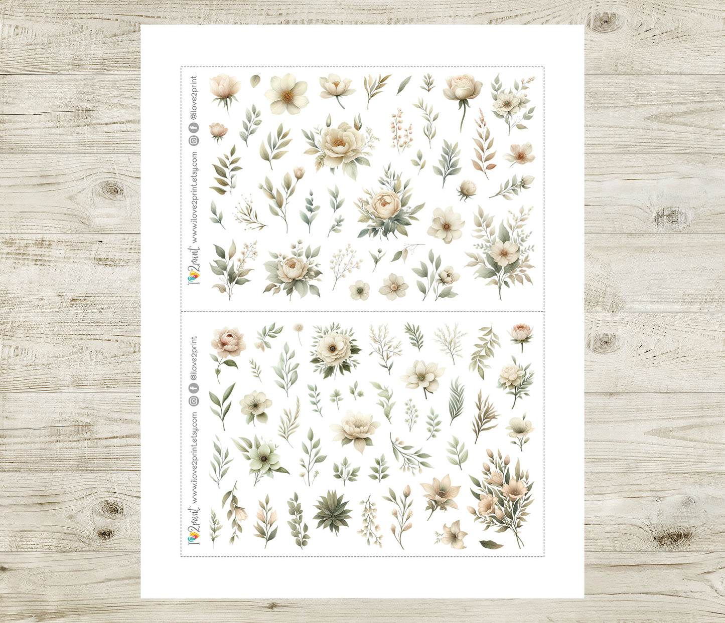 Ivory Flowers Decorative Stickers - Printable PDF & Cut Files