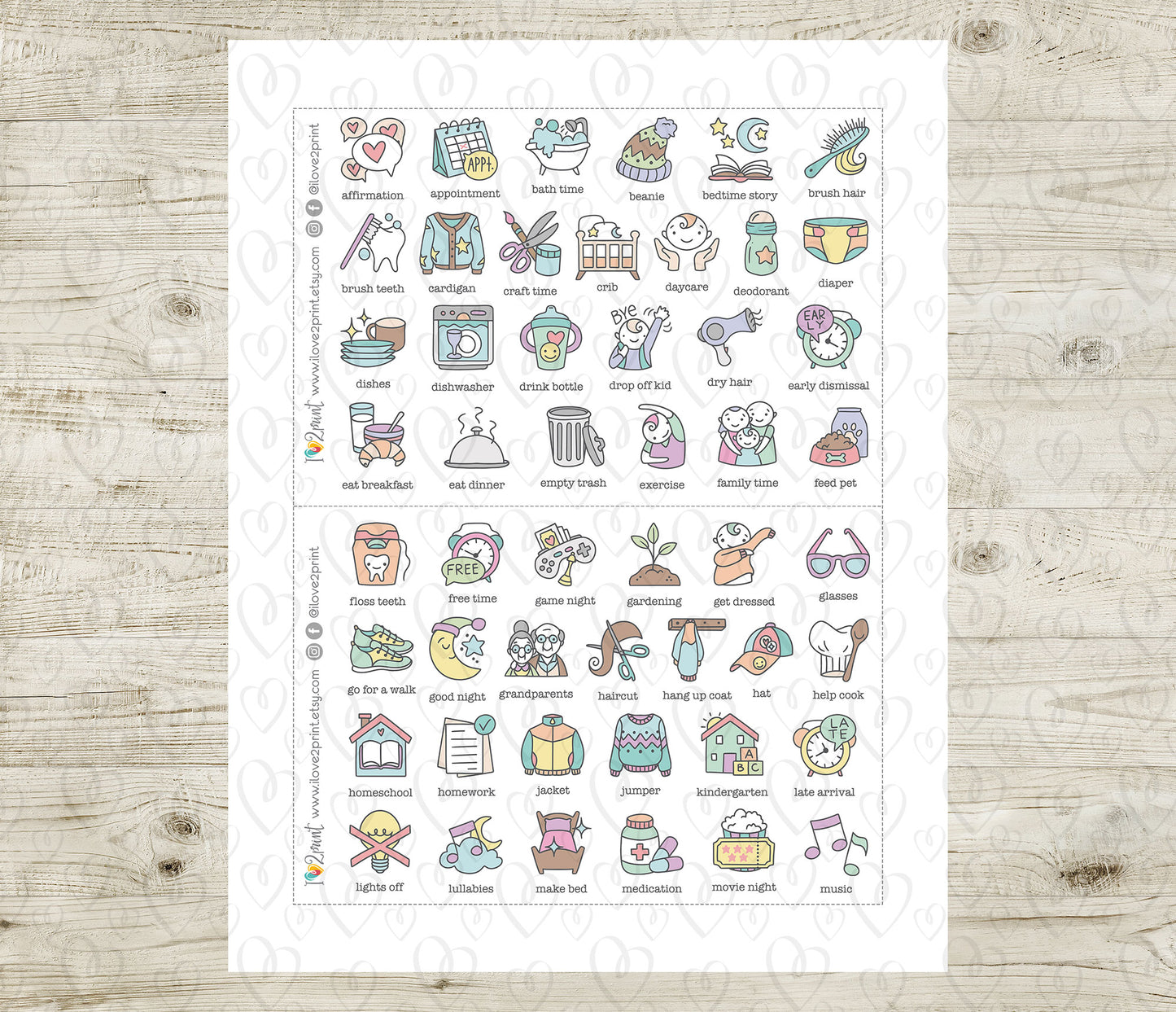 50 Kids Routine Icons Stickers Set1 – Printable Planner Icons (PDF & Cut Files)