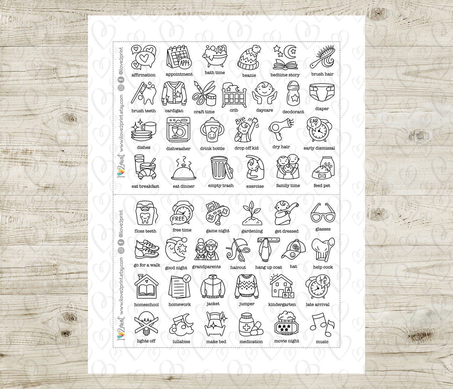50 Kids Routine Icons Stickers Set1 – Printable Planner Icons (PDF & Cut Files)