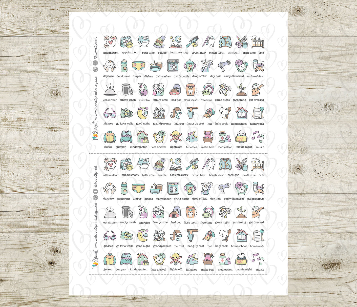 50 Kids Routine Icons Stickers Set1 – Printable Planner Icons (PDF & Cut Files)