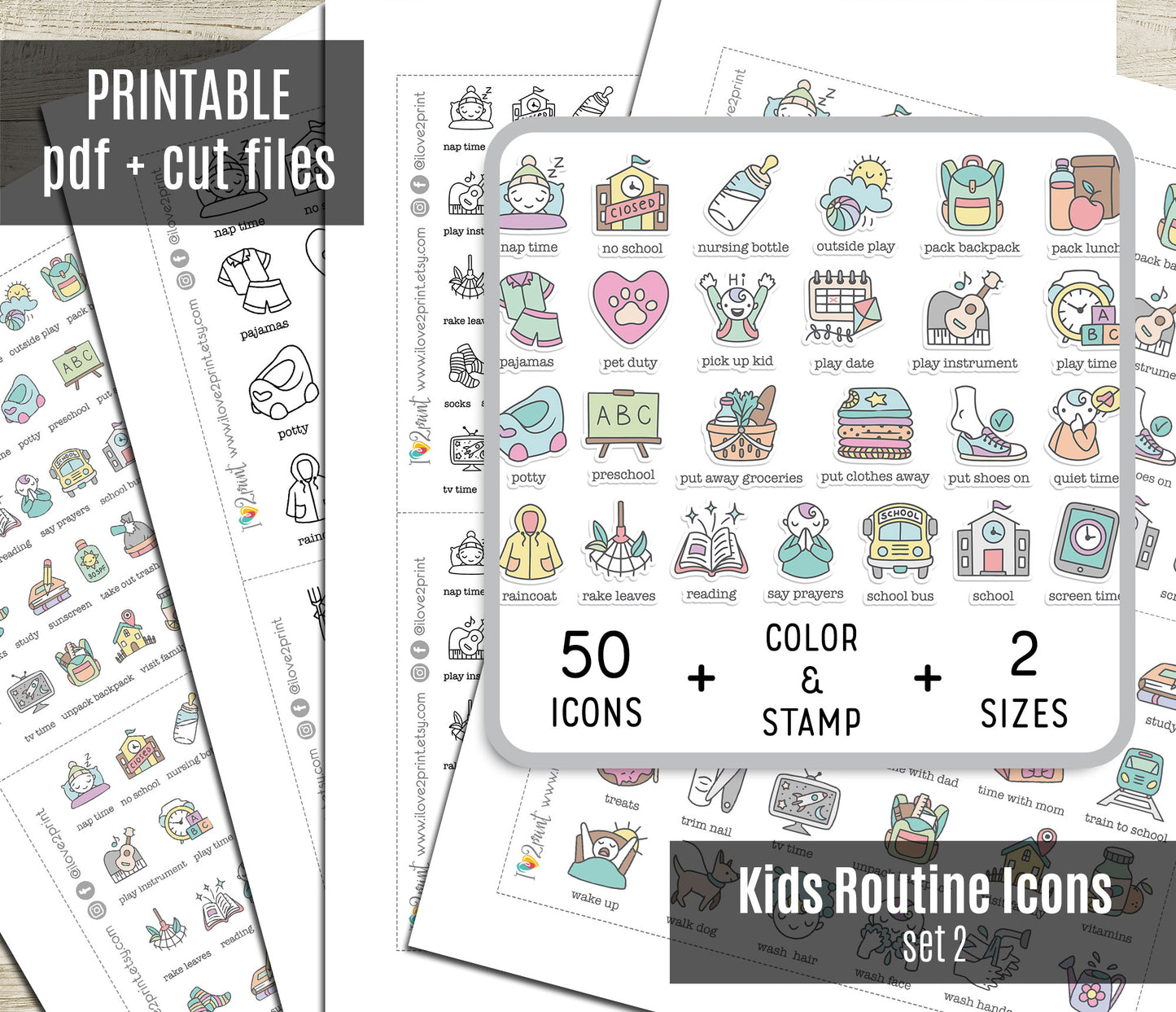 50 Kids Routine Icons Stickers Set2 – Printable Planner Icons (PDF & Cut Files)