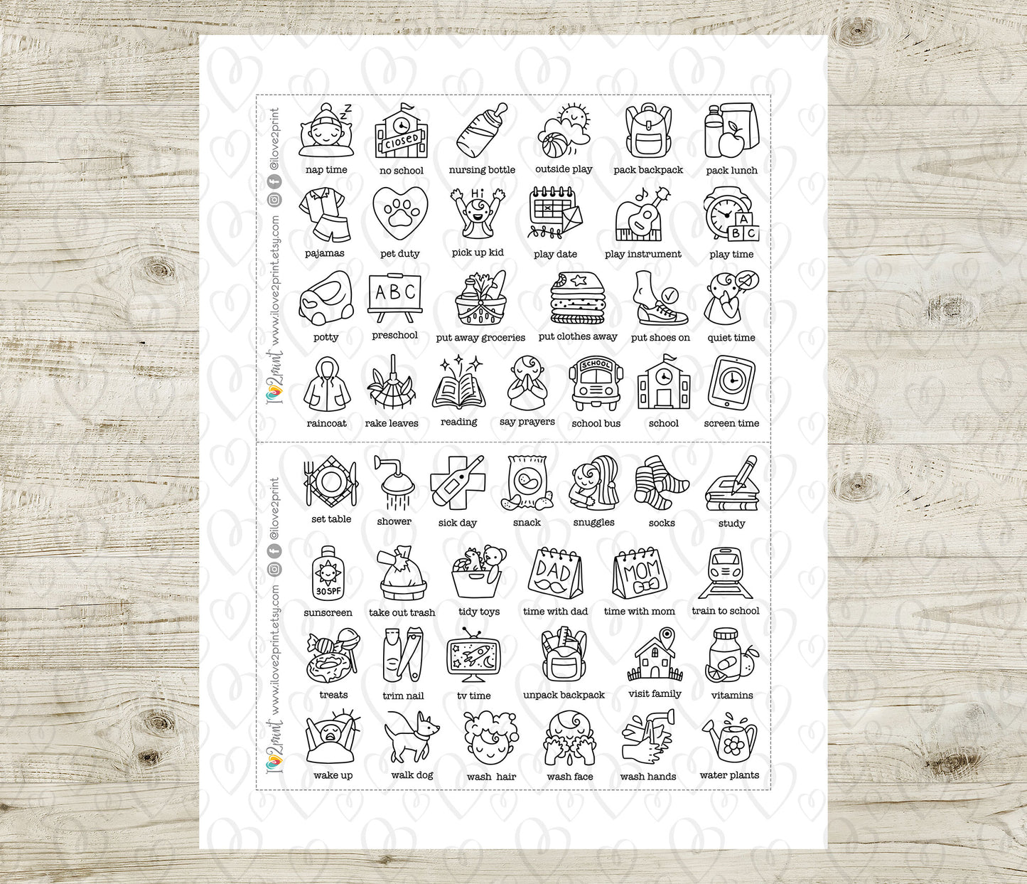 50 Kids Routine Icons Stickers Set2 – Printable Planner Icons (PDF & Cut Files)
