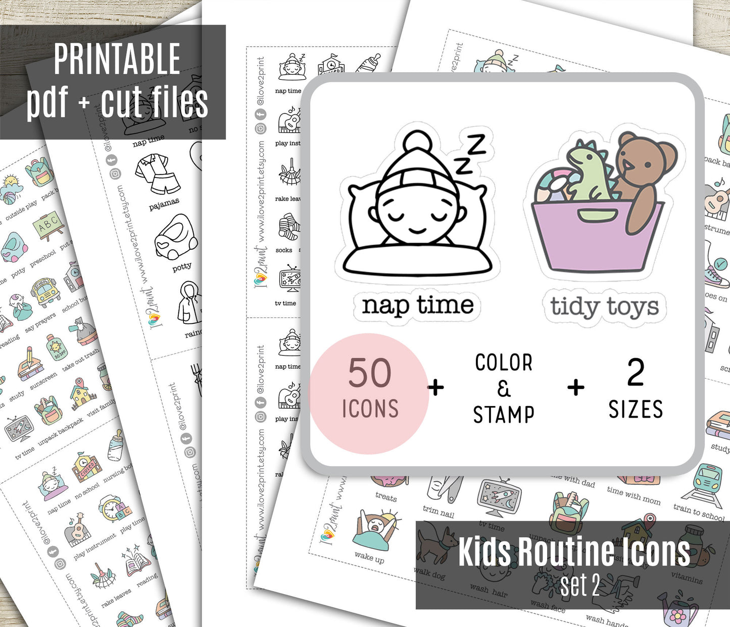 50 Kids Routine Icons Stickers Set2 – Printable Planner Icons (PDF & Cut Files)
