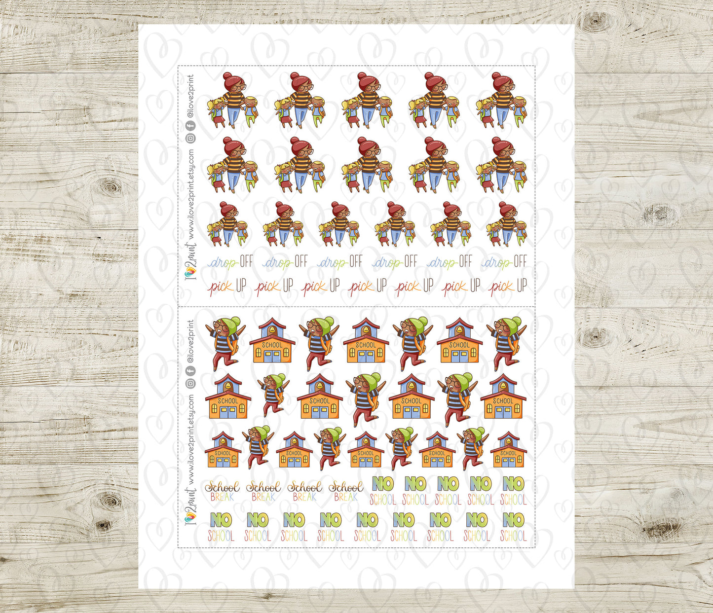 Elena School Set 1 – COLOR Printable Planner Stickers – No School, Field Trip, Parent-Teacher & More – PDF + Cut Files