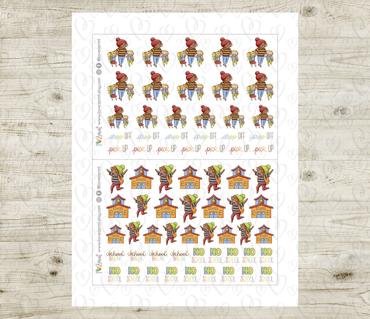 Elena School Set 1 – COLOR Printable Planner Stickers – No School, Field Trip, Parent-Teacher & More – PDF + Cut Files