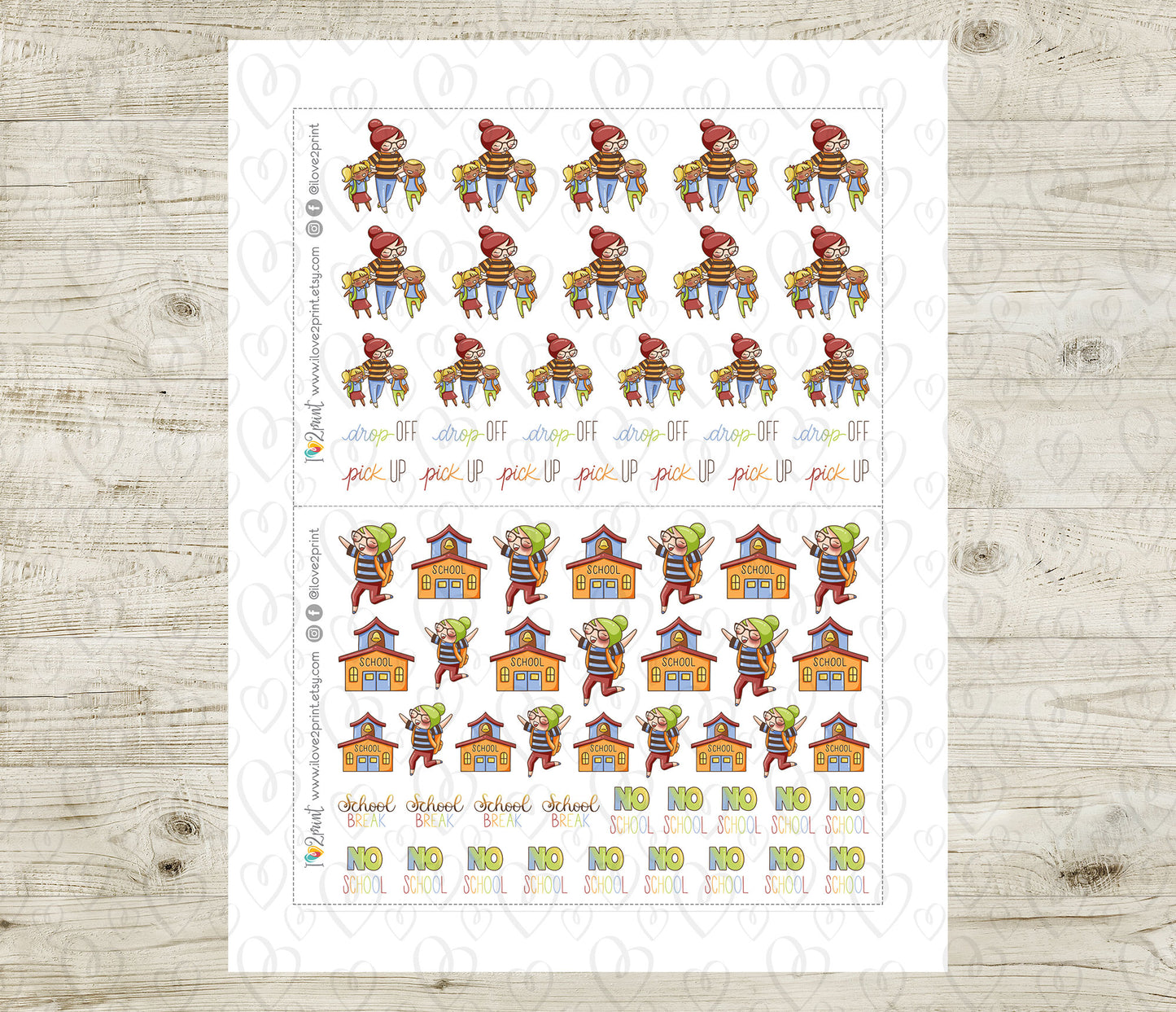 Elena School Set 1 – COLOR Printable Planner Stickers – No School, Field Trip, Parent-Teacher & More – PDF + Cut Files