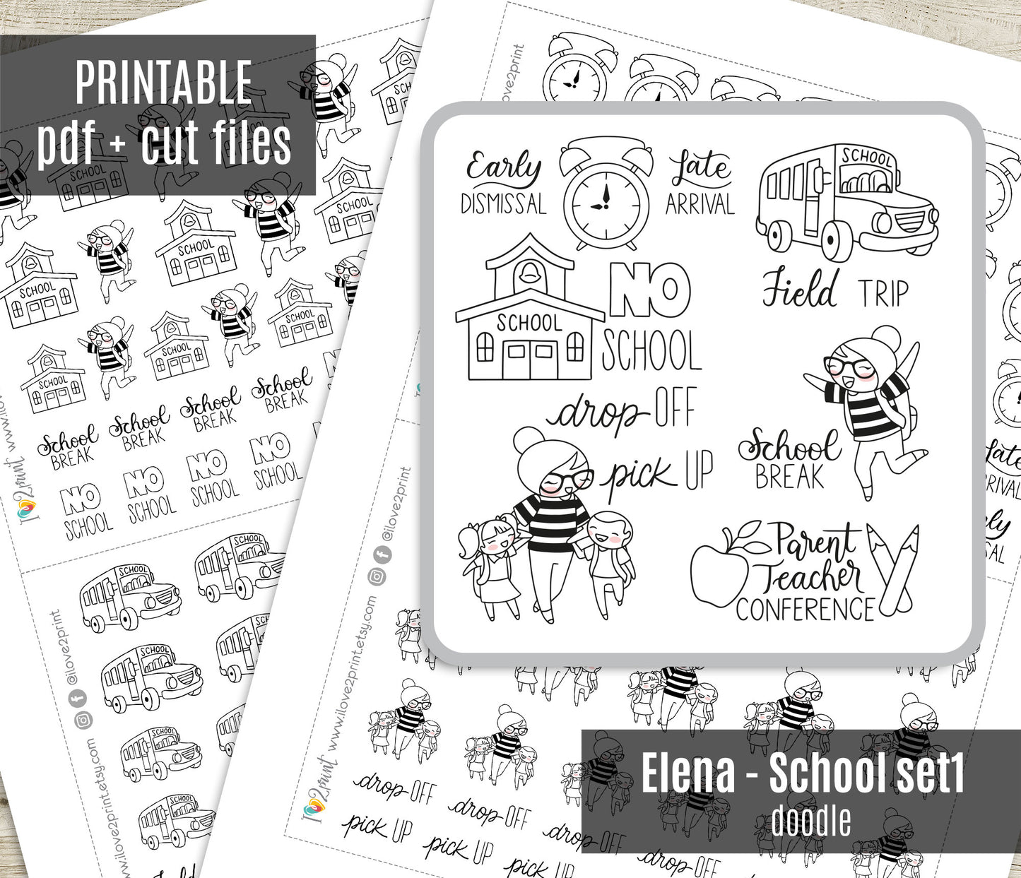 Elena School Set 1 – DOODLE Printable Planner Stickers – No School, Field Trip, Parent-Teacher & More – PDF + Cut Files