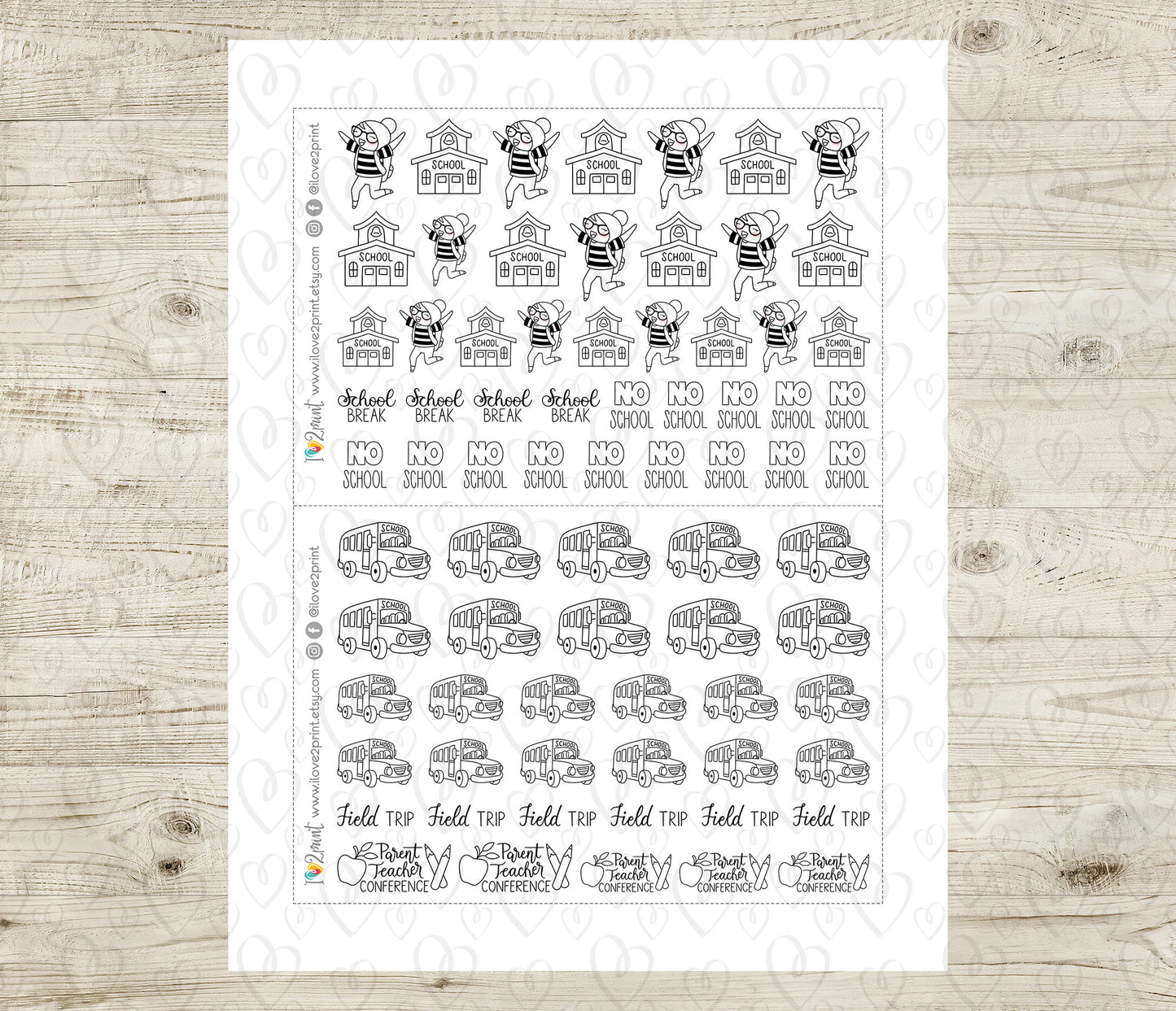 Elena School Set 1 – DOODLE Printable Planner Stickers – No School, Field Trip, Parent-Teacher & More – PDF + Cut Files