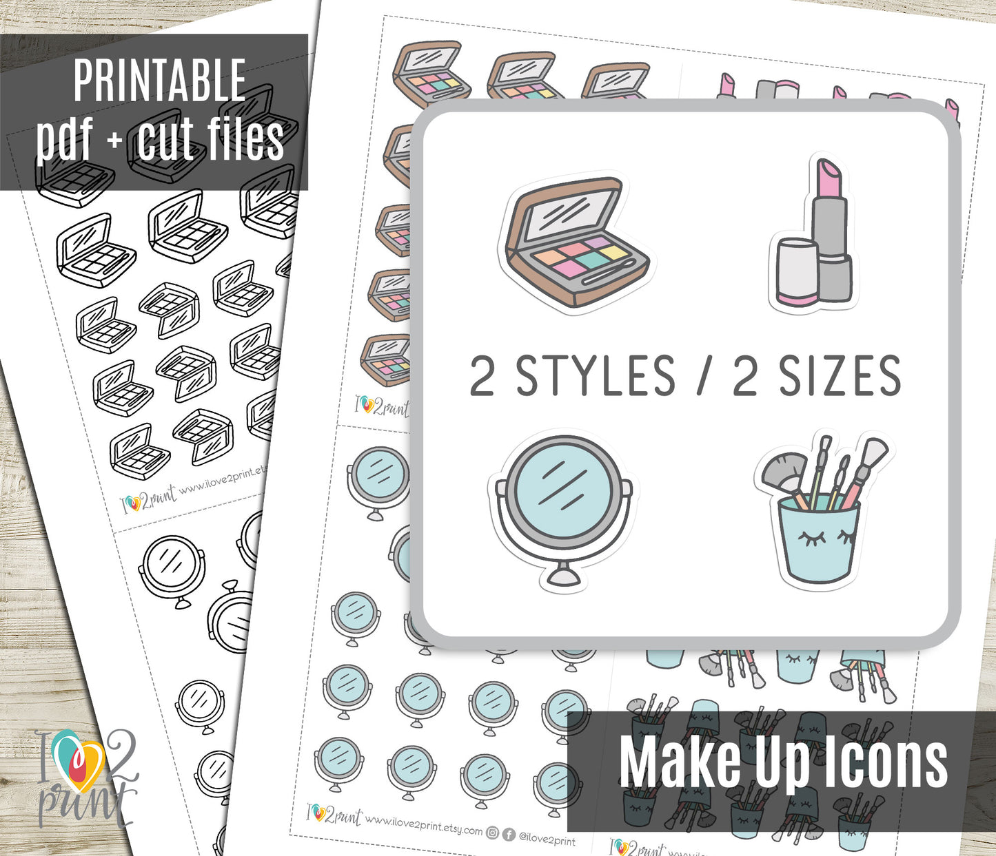 Make Up Icons Stickers Set - Functional Printable Stickers - PDF & Cut Files
