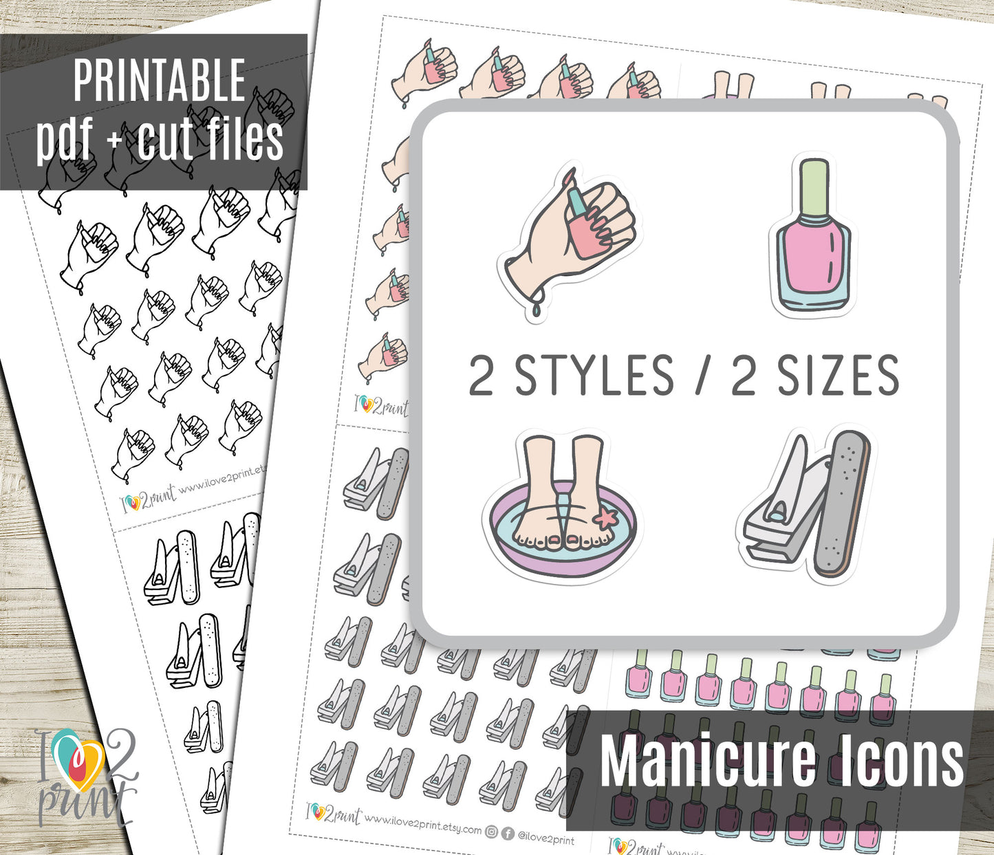 Manicure Icons Stickers Set - Functional Printable Stickers - PDF & Cut Files
