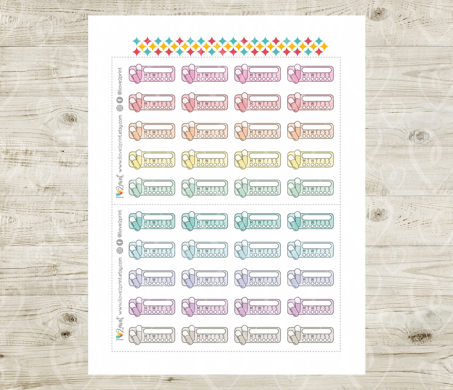 Medicine Tracker Printable Planner Stickers - Pastel Colors - PDF & Cut Files