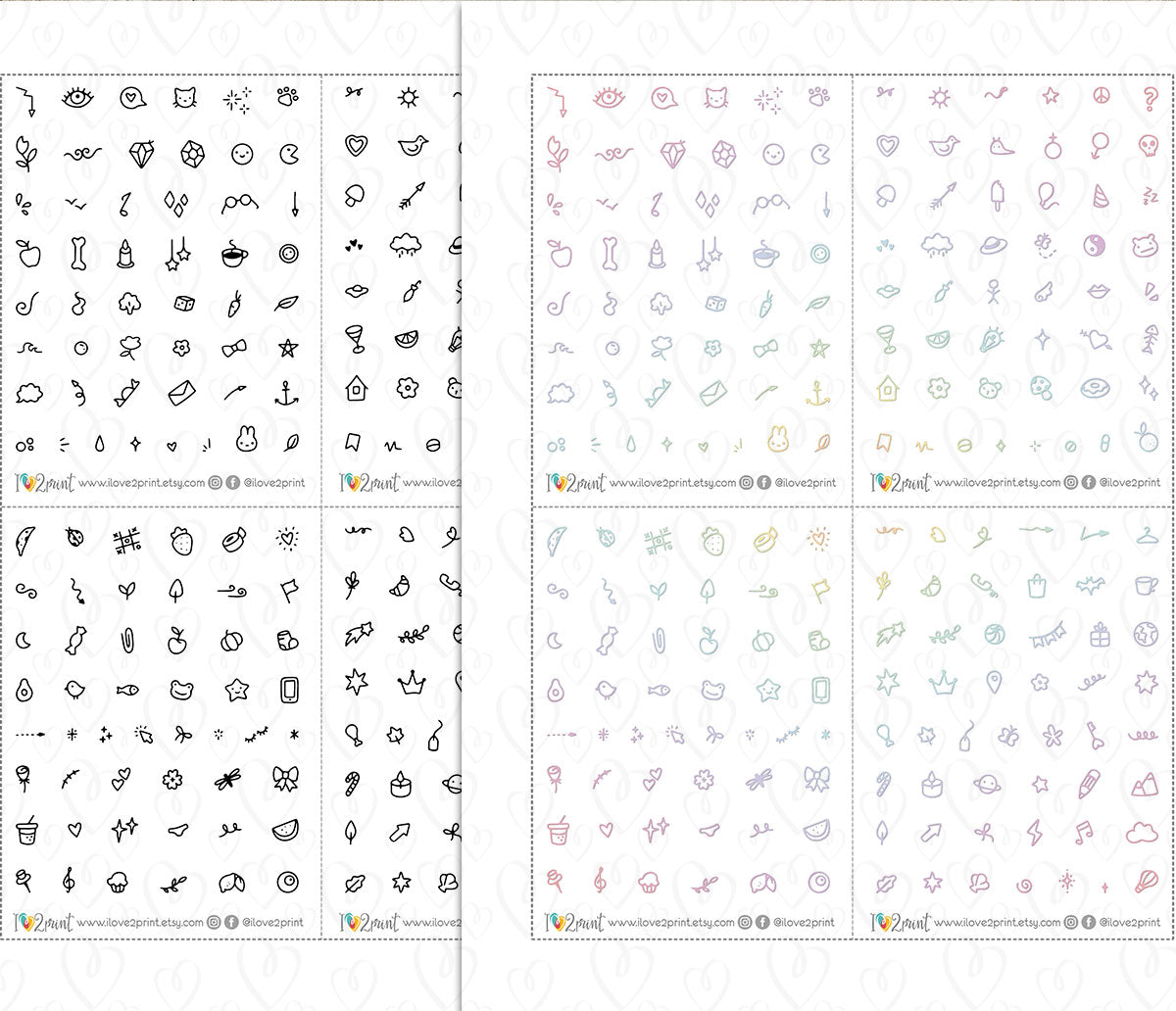 200 Micro Decorative Doodles Printable Stickers | 4 Color Variations | PDF Cut Files | Instant Download