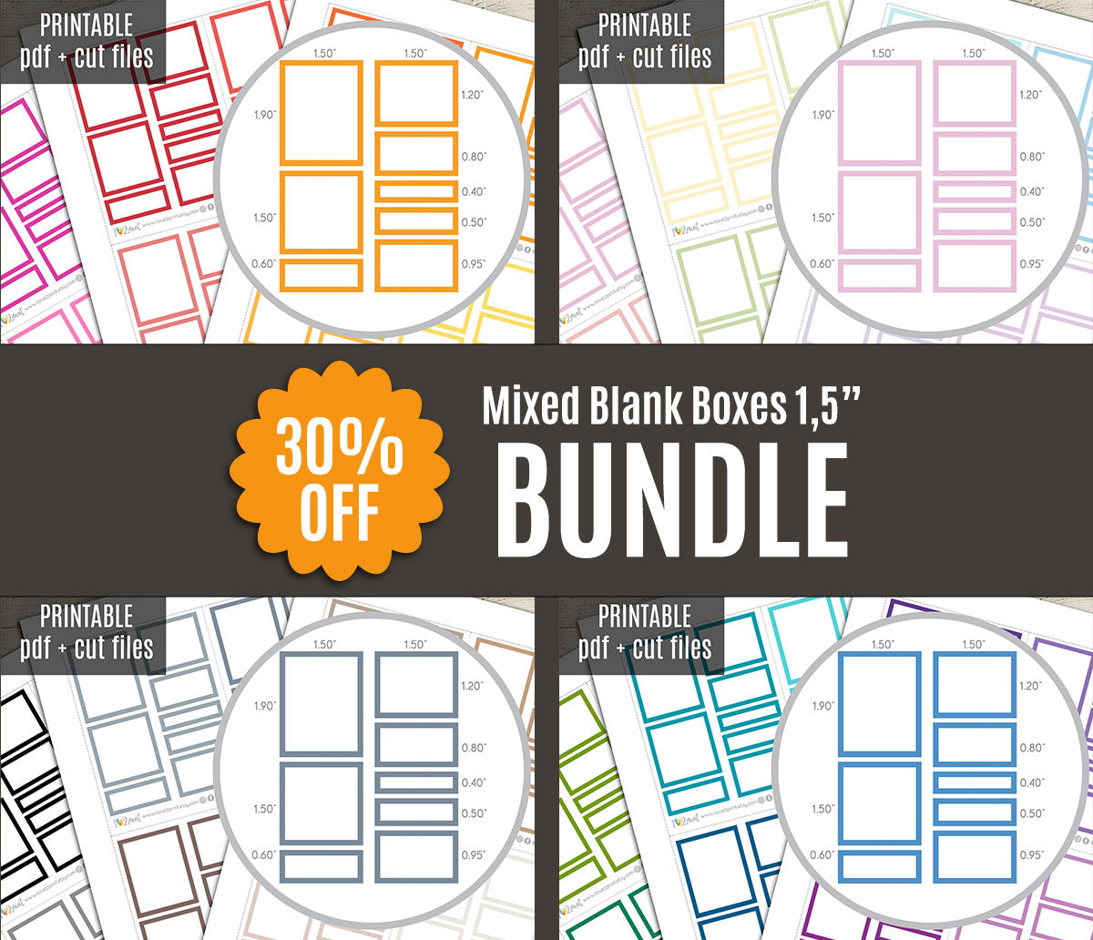 Mixed Blank Boxes 1,5" Printable Stickers Set – BUNDLE Functional & Decorative Overlays – PDF + Cut Files