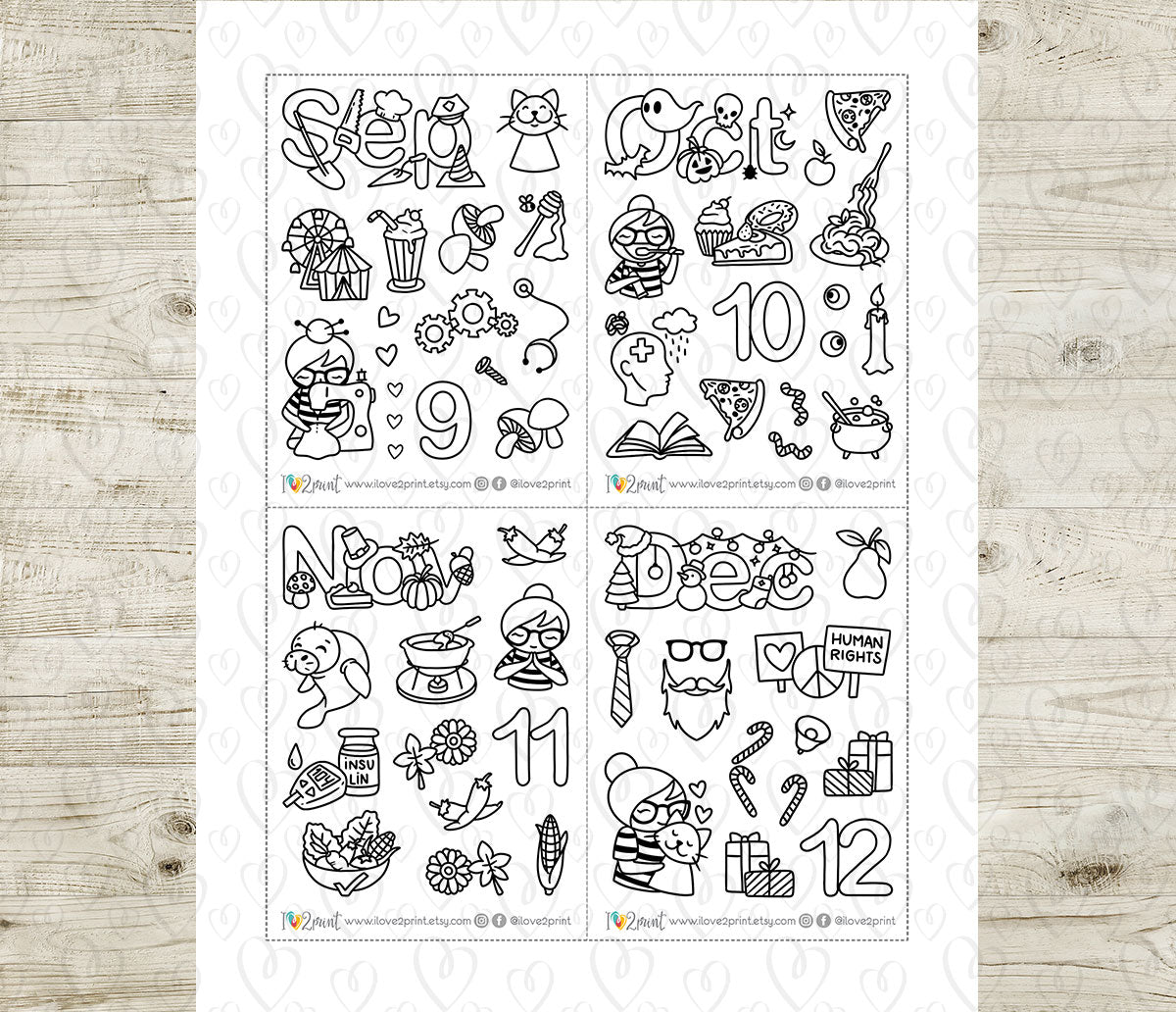 Elena Decorative Monthly Stickers - DOODLE Printable Planner Sticker - PDF & Cut Files